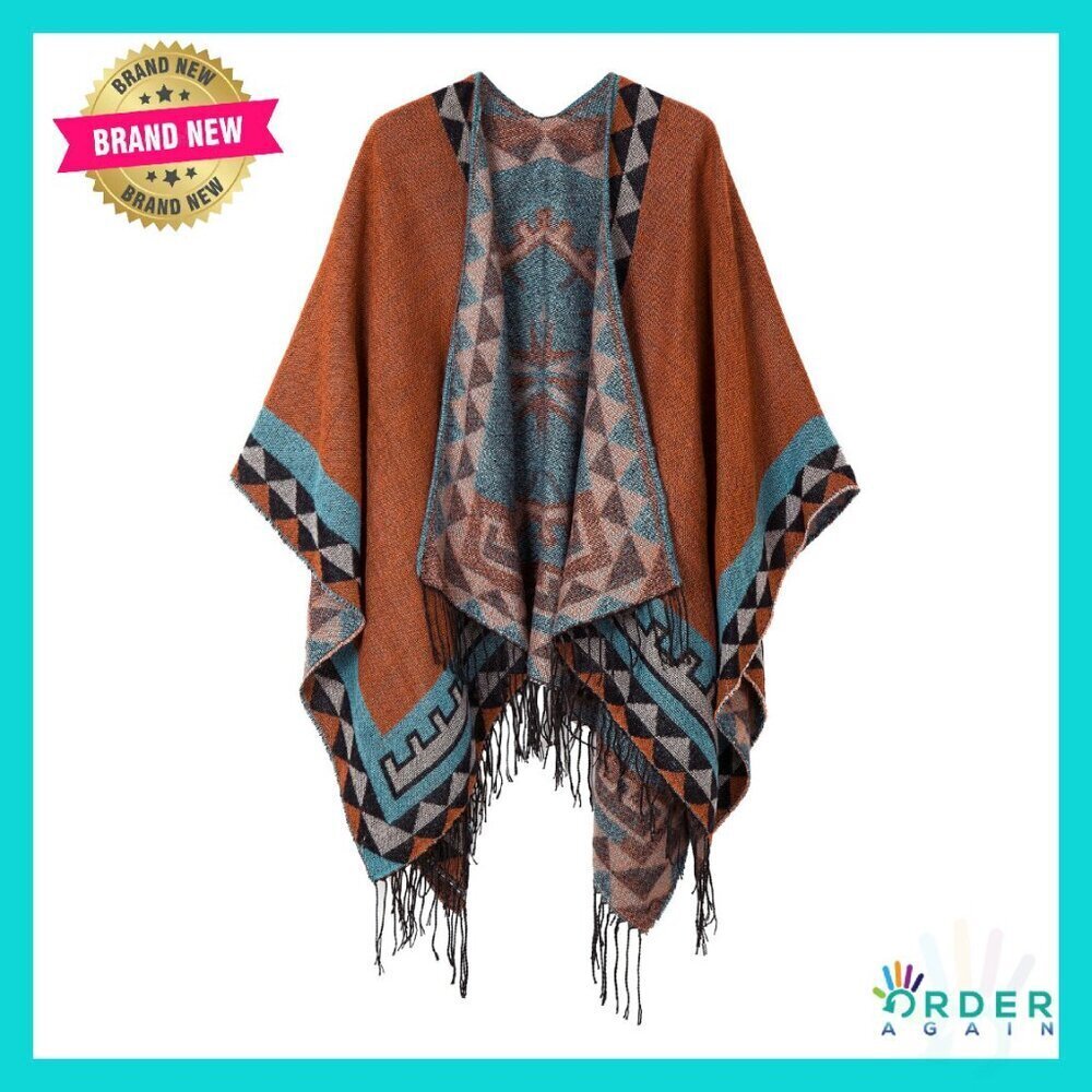 Printed Tassel Poncho Cape Cardigan Wrap Shawl Open Front Reversible Cozy
